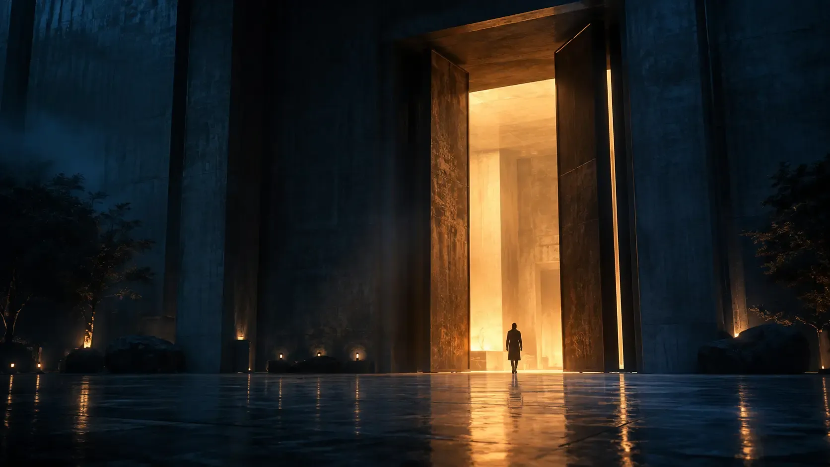 Warm light entering a monumental dark doorway