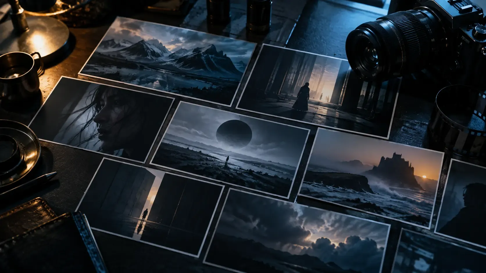 Cinematic key frames arranged on an editing table