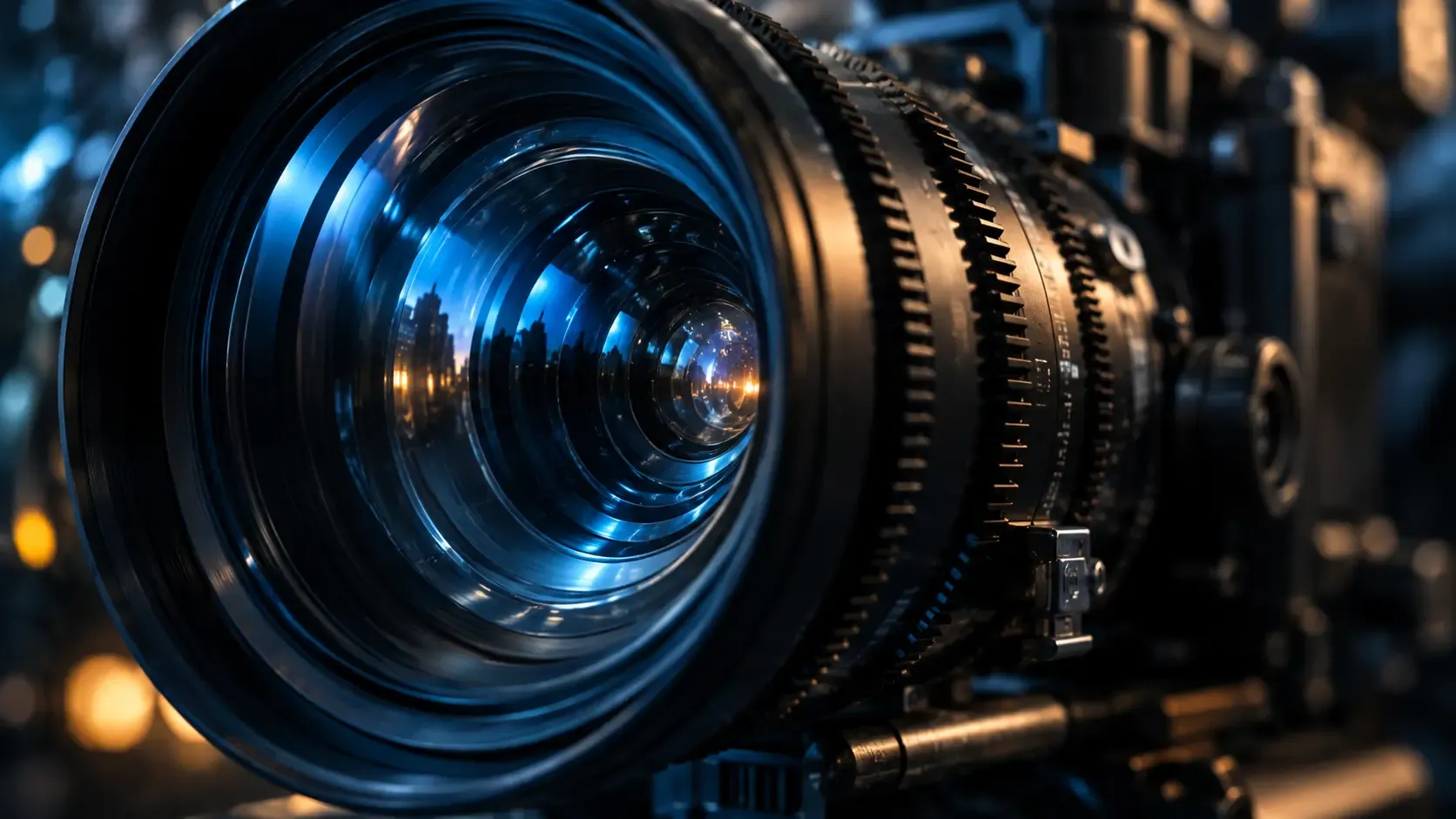 Cinema lens illuminated in blue light
